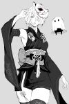  1girl absurdres breasts dress elbow_gloves ghost gloves hairband highres japanese_clothes kimono mama_(nier) mask mole mole_under_mouth monochrome nier_(series) nier_automata nier_reincarnation nishiii26miii official_alternate_costume short_hair solo thighhighs white_hair yorha_no._2_type_b 