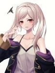  absurdres bare_shoulders breasts cleavage dark_persona eyes_of_grima fire_emblem fire_emblem_awakening grey_hair grima_(fire_emblem) highres long_sleeves looking_at_viewer medium_breasts open_mouth red_eyes reia_hana robe robin_(fire_emblem) robin_(fire_emblem)_(female) shirt sleeveless sleeveless_shirt sweatdrop twintails upper_body 