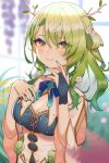  1girl antlers blurry blush braid braided_bangs branch breasts ceres_fauna cleavage depth_of_field dutch_angle flower foreshortening green_flower green_hair green_rose gukurosawa01 hair_between_eyes hair_flower hair_ornament hair_over_one_eye hand_on_own_chest highres hololive hololive_english looking_at_viewer medium_breasts nail_polish rose smile solo virtual_youtuber wide_sleeves yellow_eyes 