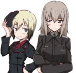  2girls :/ asagi501 black_hair black_jacket blonde_hair blush breasts collared_shirt cosplay cowboy_shot crossed_arms erica_hartmann erica_hartmann_(cosplay) garrison_cap girls_und_panzer green_shirt grey_eyes grey_hair hair_between_eyes hand_on_hip hat highres holding holding_clothes holding_hat itsumi_erika itsumi_erika_(cosplay) jacket kuromorimine_military_uniform light_smile looking_at_viewer medium_breasts medium_hair multicolored_hair multiple_girls red_shirt shirt short_hair streaked_hair strike_witches world_witches_series 