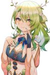  1girl antlers blush braid braided_bangs branch breasts ceres_fauna cleavage dutch_angle flower green_flower green_hair green_rose gukurosawa01 hair_between_eyes hair_flower hair_ornament hair_over_one_eye hand_on_own_chest highres hololive hololive_english looking_at_viewer medium_breasts nail_polish rose smile solo virtual_youtuber white_background wide_sleeves yellow_eyes 