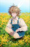  1boy blue_sky braid brown_hair child chromatic_aberration clear_sky closed_eyes colored_eyelashes day denim facing_viewer flower grass grin highres long_sleeves male_focus original overall_skirt overalls puffy_sleeves short_hair sky smile solo squatting twintails volff 