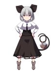  1girl animal_ears bangs basket breasts brown_footwear capelet closed_mouth commentary_request crystal expressionless full_body grey_hair grey_skirt grey_vest hands_on_hips highres jewelry layered_clothes long_skirt long_sleeves looking_at_viewer mouse mouse_ears mouse_girl mouse_tail nazrin otoufu_(wddkq314band) pendant red_eyes shirt shoes short_hair simple_background skirt skirt_set small_breasts standing tail touhou vest white_background white_capelet white_shirt 