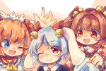  3girls :d animal_ears ascot bangs bell blue_eyes blush bow closed_mouth commentary_request fang floppy_ears hair_bell hair_bow hair_ornament highres jingle_bell looking_at_another mame_komari mirror motoori_kosuzu multiple_girls one-hour_drawing_challenge one_eye_closed open_mouth orange_hair rabbit_ears rabbit_girl red_bow red_eyes reisen_(touhou_bougetsushou) short_hair skirt smile sunny_milk touhou two_side_up upper_body yellow_ascot 