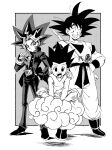  3boys black_hair card closed_mouth crossover dragon_ball dragon_ball_z fenyon fingerless_gloves gloves gon_freecss greyscale highres holding hunter_x_hunter male_focus monochrome multiple_boys mutou_yuugi open_mouth pointy_hair smile son_goku spiked_hair yu-gi-oh! yu-gi-oh!_duel_monsters 