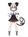  1girl animal_ears bangs basket breasts brown_footwear capelet closed_mouth commentary_request crystal expressionless full_body grey_hair grey_skirt grey_vest hands_on_hips highres jewelry layered_clothes long_sleeves looking_at_viewer miniskirt mouse mouse_ears mouse_girl mouse_tail nazrin otoufu_(wddkq314band) pendant red_eyes shirt shoes short_hair simple_background skirt skirt_set small_breasts standing tail touhou vest white_background white_capelet white_shirt 