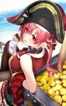 1girl ascot bangs brooch coin food gloves gold_coin hair_between_eyes hair_ribbon hand_up hat heterochromia highres holding holding_food hololive houshou_marine jewelry knee_up looking_back medium_hair open_mouth pirate_hat red_ascot red_eyes red_hair ribbon sitting solo t-bth thighhighs white_gloves yellow_eyes 