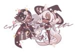  1boy 1girl black_hair brown_eyes cape chibi cookie_run dark_skin espresso_cookie eye frills humanization latte_cookie long_hair necktie one one_eye_covered pink_eyes robe round_eyewear shawl short_hair simple_background white_background white_hair 