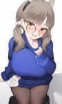  1girl absurdres bangs blue_archive blue_sweater blush breasts brown_eyes brown_hair glasses hairband highres large_breasts long_hair long_sleeves looking_at_viewer low_twintails mochirong open_mouth smile solo sweater twintails 
