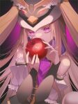  1girl animal_hat apple armband black_background food frills fruit hat holding holding_food holding_fruit leotard light_brown_hair long_hair looking_at_viewer magonuri mawaru_penguindrum penguin_hat pink_eyes princess_of_the_crystal solo upper_body very_long_hair 
