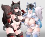  2girls absurdres akame_(akame_ga_kill!) akame_ga_kill! animal_ears bangs bikini black_hair blue_eyes blue_hair blush breasts cleavage cowboy_shot elbow_gloves english_commentary esdeath fake_animal_ears fake_tail fur-trimmed_bikini fur-trimmed_gloves fur-trimmed_legwear fur_collar fur_trim gloves hat highres large_breasts leaning_forward long_hair looking_at_viewer multiple_girls navel open_mouth red_eyes saltnvalk simple_background smile swimsuit tail thighhighs very_long_hair 