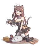  1girl ahoge animal_ears animal_hands bare_shoulders bell blue_eyes blush boots bow breasts brown_hair cat cat_ears cat_paws cat_tail chami_(pixiv15867443) cheese cleavage costume dress dress_bow english_commentary fake_animal_ears food full_body fur_collar highres jar jingle_bell knee_boots kneeling long_hair looking_at_viewer medium_breasts mousetrap open_mouth original short_dress simple_background sleeveless sleeveless_dress smile solo stuffed_animal stuffed_mouse stuffed_toy tail thighhighs white_background wooden_floor zettai_ryouiki 