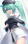  1girl :o bangs blue_archive blurry blush cape commentary_request curtains depth_of_field green_eyes green_hair hair_ornament hair_over_one_eye hairclip halo highres hiyori_(blue_archive) hood hooded_cape long_hair long_sleeves looking_at_viewer midriff navel nokke_o side_ponytail sidelocks skirt solo wavy_mouth white_skirt 