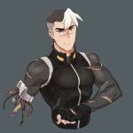  1boy amputee angry black_hair bodysuit clenched_teeth grey_background grey_eyes injury male_focus multicolored_hair muscular muscular_male pectorals ponzu_(beetle_burner) scar scar_on_face short_hair skin_tight solo sweat takashi_shirogane teeth torn_clothes two-tone_hair voltron:_legendary_defender white_hair 