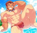  1boy abs akashi_(live_a_hero) akashi_(water_bullet)_(live_a_hero) aopanda arm_behind_head bara beach blush bulge facial_hair goggles goggles_around_neck highres large_pectorals live_a_hero long_sideburns looking_at_viewer male_focus male_swimwear muscular muscular_male navel nipples ocean official_alternate_costume one_eye_closed pectorals red_hair red_male_swimwear scar scar_on_face scar_on_nose short_hair sideburns sitting smile solo tan tanlines wet 