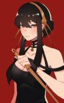  1girl bangs black_gloves black_hair breasts brown_hairband cleavage collarbone fingerless_gloves gloves hair_behind_ear hairband highres holding holding_knife hyoon_(sockgyu) knife looking_to_the_side medium_breasts red_eyes sidelocks smile solo spy_x_family upper_body yor_briar 