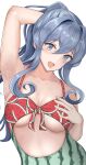  1girl absurdres arm_up armpits bajitohfu blue_eyes blue_hair breasts casual_one-piece_swimsuit collarbone food_print front-tie_swimsuit gotland_(kancolle) highres kantai_collection large_breasts long_hair mole mole_under_eye navel one-piece_swimsuit ponytail print_swimsuit solo swimsuit upper_body watermelon_print 