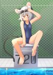  1girl absurdres alternate_costume animal_ears bangs blue_swimsuit blush chain-link_fence closed_mouth commentary_request day ears_through_headwear expressionless fence full_body goggles goggles_on_head greenpiecerice grey_hair highres mouse_ears mouse_girl mouse_tail nazrin one-piece_swimsuit outdoors pool poolside red_eyes short_hair sitting solo swim_cap swimsuit tail textless_version touhou water white_headwear 
