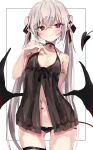  1girl absurdres arm_behind_back armlet bangs black_babydoll black_panties black_ribbon black_wings blush breasts closed_mouth cowboy_shot crossed_bangs demon_girl demon_tail demon_wings grey_hair hair_ribbon hand_up highres long_hair looking_at_viewer navel no_pants original paid_reward_available panties pointy_ears ribbon simple_background small_breasts solo standing stomach_tattoo sweat tail tattoo thigh_strap toshizou_(0714) twintails underwear very_long_hair white_background wings 