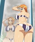  1girl ass bikini bracelet breasts brown_eyes covered_nipples highres iwao178 jewelry large_breasts mirror nami_(one_piece) o-ring o-ring_bikini one_piece one_piece:_strong_world orange_hair shiny shiny_hair shiny_skin shoulder_tattoo solo steam striped striped_bikini swimsuit tattoo 