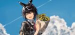  1girl animal_ears artist_name asama_(drift_in) bangs black_hair black_jacket blurry blurry_foreground blush bouquet closed_eyes cloud collared_shirt contrail contrail_(racehorse) flower hair_ornament hairclip highres holding holding_bouquet horse_ears jacket medium_hair multicolored_hair necktie open_mouth original outdoors personification red_necktie shirt smile solo streaked_hair sunflower tearing_up tears umamusume upper_body watermark white_shirt 
