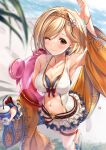  1girl absurdres arm_up armpits beach bead_bracelet beads bikini bikini_skirt blonde_hair blurry blurry_foreground blush bracelet breasts brown_hair cleavage closed_mouth collarbone cup disposable_cup djeeta_(granblue_fantasy) djeeta_(summer)_(granblue_fantasy) drinking_straw footprints from_above granblue_fantasy hair_between_eyes hairband highres holding holding_cup innertube innertube_with_ears jewelry kamishiro_mai_(capti-no) large_breasts layered_bikini looking_at_viewer navel ocean official_alternate_costume one_eye_closed palm_leaf sandals short_hair signature smile solo stomach swimsuit thigh_strap white_bikini 
