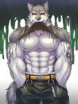  abs anthro biceps canid canine canis clothed clothing clothing_lift domestic_dog green_eyes hi_res husky lifewonders live-a-hero male mammal monomasa muscular muscular_anthro muscular_male nipples nordic_sled_dog pecs red_sclera shirt shirt_lift solo spitz topwear video_games weedwolf 