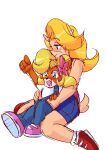  activision anthro blonde_hair blush bottomwear clothing coco_bandicoot crash_bandicoot_(series) cute_expression duo female female/female footwear fur green_eyes hair happy hi_res long_hair overalls scribblehooves shoes shorts tawna_bandicoot video_games 