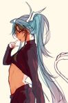  1boy absurdres blue_hair crop_top denif_(elsword) dragon_boy dragon_horns dragon_tail elsword facing_to_the_side finger_in_own_mouth highres horns kazaashamiko long_hair long_sleeves looking_at_viewer male_focus pants pointy_ears ponytail sketch solo tail tongue tongue_out white_background yellow_eyes 