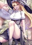  1girl absurdres black_headwear blonde_hair blurry blurry_background blurry_foreground braid breasts broom depth_of_field hat highres kirisame_marisa long_hair mirufui open_mouth short_sleeves solo touhou witch_hat yellow_eyes 