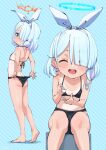  1girl arona_(blue_archive) ass barefoot bikini bikini_pull black_bikini blue_archive blue_background blue_eyes blue_hair blush bow braid butt_crack closed_eyes clothes_pull feeding feet from_behind full_body hair_bow hair_over_one_eye highres hizikit kneepits legs looking_back multiple_views one-piece_tan open_mouth pout pulled_by_self ribbon short_hair simple_background sitting smile soles solo spoon standing striped striped_background swimsuit tan tanlines thighs toes 