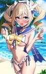  1girl bangs barbara_(genshin_impact) bare_shoulders beach bikini blonde_hair blue_eyes blush breasts cas_cassis genshin_impact hat long_hair looking_at_viewer medium_breasts navel open_mouth smile swimsuit twintails white_bikini white_headwear 