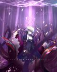  1girl artoria_pendragon_(fate) braid breasts bubble eggshell english_text excalibur_morgan_(fate) fate/grand_order fate_(series) french_braid grey_hair highres iro_(sekaixiro) light_rays looking_at_viewer red_eyes saber saber_alter small_breasts solo type-moon underwater 