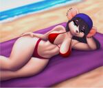 2022 anthro aozee beach big_breasts bikini breasts clothing ear_piercing ear_ring female hand_on_hip hi_res mammal mouse murid murine on_towel piercing ring_piercing rodent seaside solo swimwear towel wide_hips 