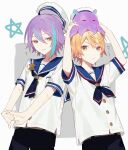  2boys :3 black_shorts blonde_hair blue_hair blue_neckerchief blue_necktie blue_sailor_collar buttons closed_mouth commentary_request hat highres kamishiro_rui kino_kazumi looking_at_another male_focus multicolored_hair multiple_boys neckerchief necktie project_sekai purple_hair sailor_collar sailor_hat sailor_shirt shirt short_sleeves shorts streaked_hair stuffed_animal stuffed_octopus stuffed_toy tenma_tsukasa upper_body white_shirt yellow_eyes 
