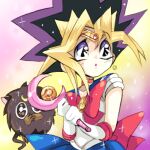  age_regression bishoujo_senshi_sailor_moon black_hair blonde_hair blue_skirt bow brown_eyes cosplay kuriboh lowres luna_(sailor_moon) luna_(sailor_moon)_(cosplay) magical_boy multicolored_background multicolored_hair mutou_yuugi purple_eyes purple_hair rakuta_(pisuke) red_bow sailor_moon sailor_moon_(cosplay) skirt younger yu-gi-oh! yu-gi-oh!_duel_monsters 