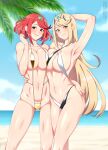  2girls arm_behind_head arm_up armpits ass_visible_through_thighs asymmetrical_docking bangs bare_shoulders beach bikini blonde_hair breast_press breasts closed_mouth cloud collarbone commentary day earrings english_commentary groin hand_on_another&#039;s_waist headpiece highres horizon jewelry large_breasts lindaroze long_hair looking_at_viewer multiple_girls mythra_(xenoblade) navel ocean outdoors palm_leaf parted_lips patreon_username pyra_(xenoblade) red_eyes red_hair seductive_smile shiny shiny_hair slingshot_swimsuit smile swept_bangs swimsuit thighs very_long_hair water web_address xenoblade_chronicles_(series) xenoblade_chronicles_2 yellow_eyes 