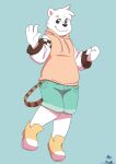  anthro bluechubbywolf bottomwear cargo_shorts checkered_clothing clothing echo_(calahootheyeen) footwear green_background green_clothing hi_res male mammal pattern_clothing patterned_clothing polar_bear shoes shorts simple_background slightly_chubby smile solo sweater teenager topwear ursid ursine young 