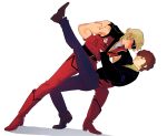  2boys absurdres amuro_ray arm_around_shoulder blonde_hair blue_eyes blush boots brown_hair char_aznable dancing gloves gundam highres holding_hands jacket leg_up male_focus military military_uniform mobile_suit_gundam multiple_boys pilot_suit quattro_vageena shishanmo short_hair sleeveless sunglasses turtleneck unamused uniform yaoi zeta_gundam 