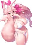  1girl animal_ear_fluff animal_ears bangs bare_shoulders bikini blush bow breasts choker cleavage collarbone fangs fate/grand_order fate_(series) fox_ears fox_girl fox_tail hair_between_eyes hair_bow highleg highleg_bikini highres koyanskaya_(fate) large_breasts long_hair looking_at_viewer navel onsoku_inu open_mouth pink_bow pink_hair ponytail sidelocks skindentation smile solo swimsuit tail tamamo_(fate) thighs white_bikini yellow_eyes 