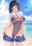  1girl :d absurdres bangs bare_hips bare_shoulders blue_hair blue_shorts blue_sky blunt_bangs blurry blurry_background blush bracelet breasts casual_one-piece_swimsuit cleavage clothes_lift clothes_pull cloud contrapposto covered_navel cowboy_shot creature day depth_of_field diagonal_bangs dice earrings genshin_impact gradient_hair green_eyes head_tilt highleg highleg_swimsuit highres jewelry large_breasts looking_at_viewer mandytsune multicolored_hair nail_polish ocean one-piece_swimsuit open_clothes open_fly open_shorts outdoors parted_lips purple_swimsuit red_nails shirt shirt_lift short_hair shorts shorts_pull sky smile solo star_(symbol) swimsuit swimsuit_under_clothes tank_top tassel torn_clothes torn_swimsuit undressing white_shirt yelan_(genshin_impact) 