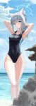  1girl absurdres animal_ear_fluff animal_ears arms_behind_head bangs beach black_swimsuit blue_archive blue_eyes blue_sky blurry breasts cloud competition_swimsuit covered_navel cross_hair_ornament day depth_of_field extra_ears feet_out_of_frame grey_hair hair_ornament halo highres horizon low_ponytail lows. medium_breasts medium_hair mismatched_pupils multicolored_clothes multicolored_swimsuit ocean one-piece_swimsuit outdoors rock shiroko_(blue_archive) shiroko_(swimsuit)_(blue_archive) sky solo standing swimsuit 