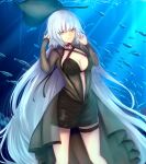  1girl aquarium black_dress breasts cleavage dress fate/grand_order fate_(series) fish grey_hair highres iro_(sekaixiro) jeanne_d&#039;arc_alter_(fate) light_rays long_hair looking_at_viewer smile solo stingray thigh_strap type-moon very_long_hair waist_cape yellow_eyes 
