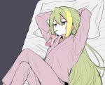  1girl aqua_eyes arms_behind_head bed bed_sheet blonde_hair boyano crossed_legs dot_nose drinking_straw drinking_straw_in_mouth empty expressionless feet_out_of_frame green_hair grey_background hair_between_eyes hospital_gown jitome knees_up long_hair long_sleeves lying magia_record:_mahou_shoujo_madoka_magica_gaiden mahou_shoujo_madoka_magica milk_carton multicolored_hair on_back on_bed pants pillow pink_pants pink_shirt shirt sidelocks solo straight_hair streaked_hair v-neck very_long_hair 