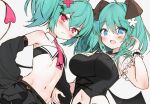  2girls :d ahoge aqua_hair armpits bandeau bare_shoulders black_shirt black_skirt blue_eyes byulzzi crop_top demon_girl demon_horns demon_tail demon_wings detached_collar detached_sleeves flat_chest frown hair_ornament hand_up horns long_hair long_sleeves looking_at_viewer midriff miniskirt multiple_girls navel necktie open_mouth original red_eyes see-through see-through_sleeves shirt short_sleeves skirt smile stomach strapless tail tube_top twintails unfinished upper_body v-shaped_eyebrows wings x_hair_ornament 