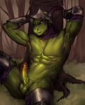 abs anthro armor balls bound erection foreskin genitals glans green_body headgear helmet hi_res lizard looking_at_viewer male mikaemikae mostly_nude muscular muscular_male penis reptile scalie smile smiling_at_viewer solo teeth 