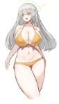  1girl bangs bare_arms bare_shoulders bikini blue_archive blush breasts cleavage collarbone cropped_legs front-tie_bikini front-tie_top green_eyes grey_hair halo highres huge_breasts long_hair looking_away looking_to_the_side moonjunk navel nonomi_(blue_archive) open_mouth orange_bikini orange_ribbon ribbon side-tie_bikini simple_background solo standing stomach swimsuit thighs white_background 