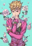  1boy blonde_hair blue_background cleavage_cutout clothing_cutout curly_hair flower giorno_giovanna highres jacket jojo_no_kimyou_na_bouken jojo_pose kotatsu_(g-rough) long_sleeves looking_at_viewer male_focus otoko_no_ko parted_lips pink_jacket pose rose solo upper_body vento_aureo white_flower white_rose yellow_eyes 