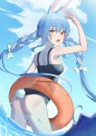  1girl absurdres animal_ears arm_up armpits ass bangs blue_hair blue_sky blurry bow braid cloud cloudy_sky commentary_request depth_of_field from_behind fuyoko hair_between_eyes hair_bow hair_ribbon head_tilt highres hololive horizon in_water innertube leaning_forward long_hair looking_at_viewer looking_back low-tied_long_hair low_twintails ocean one-piece_swimsuit rabbit_ears rabbit_girl rabbit_tail red_eyes ribbon sidelocks sky sleeveless solo summer swimsuit tail twin_braids twintails usada_pekora virtual_youtuber 