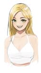  1girl azelweien blonde_hair blush commentary cropped_torso english_commentary face green_eyes highres jurassic_cops long_hair looking_at_viewer open_mouth sarah_(jurassic_cops) shirt sketch solo teeth upper_teeth white_shirt 